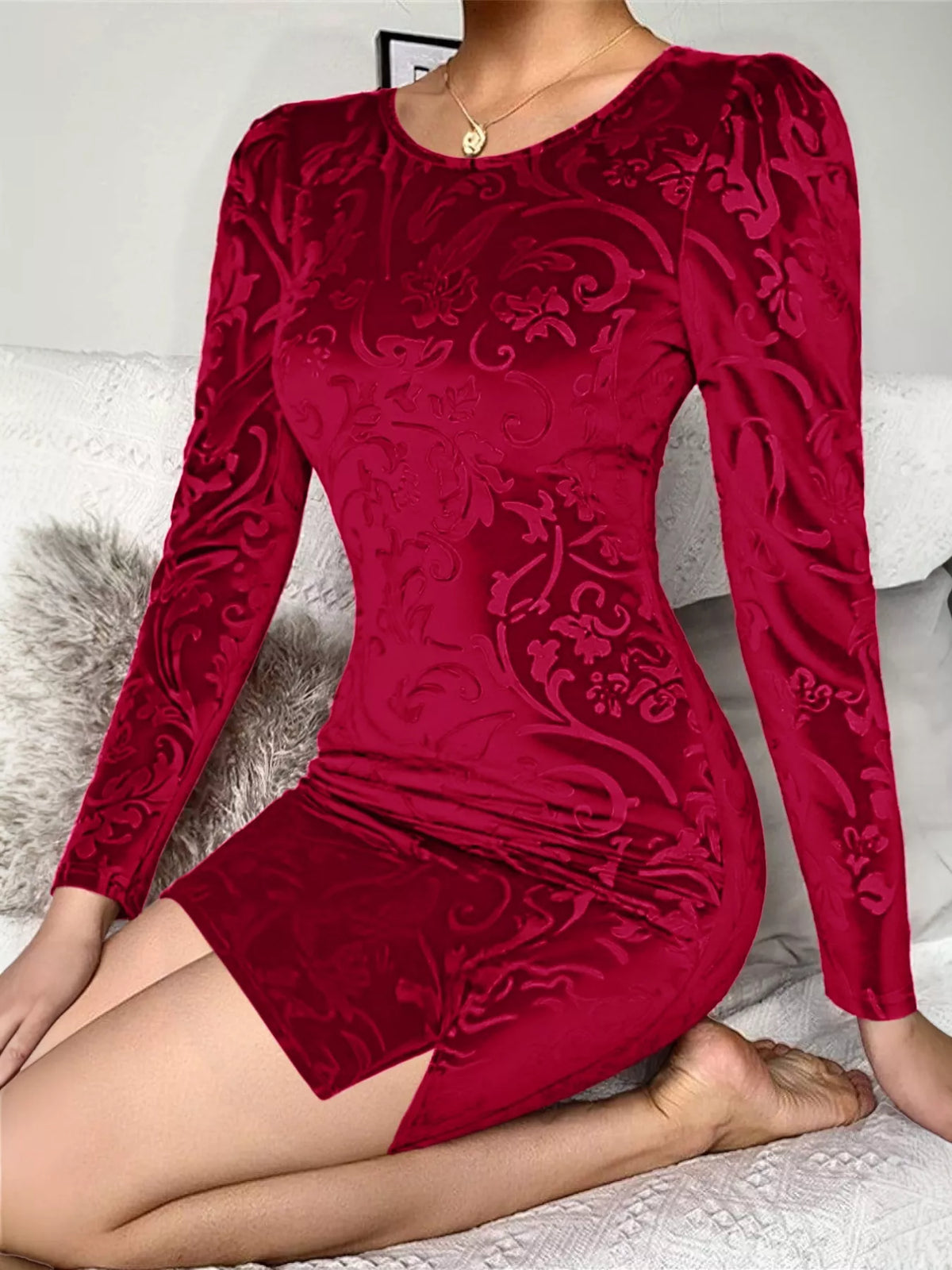 Velvet Floral Bodycon Mini Dress - alternate view 5
