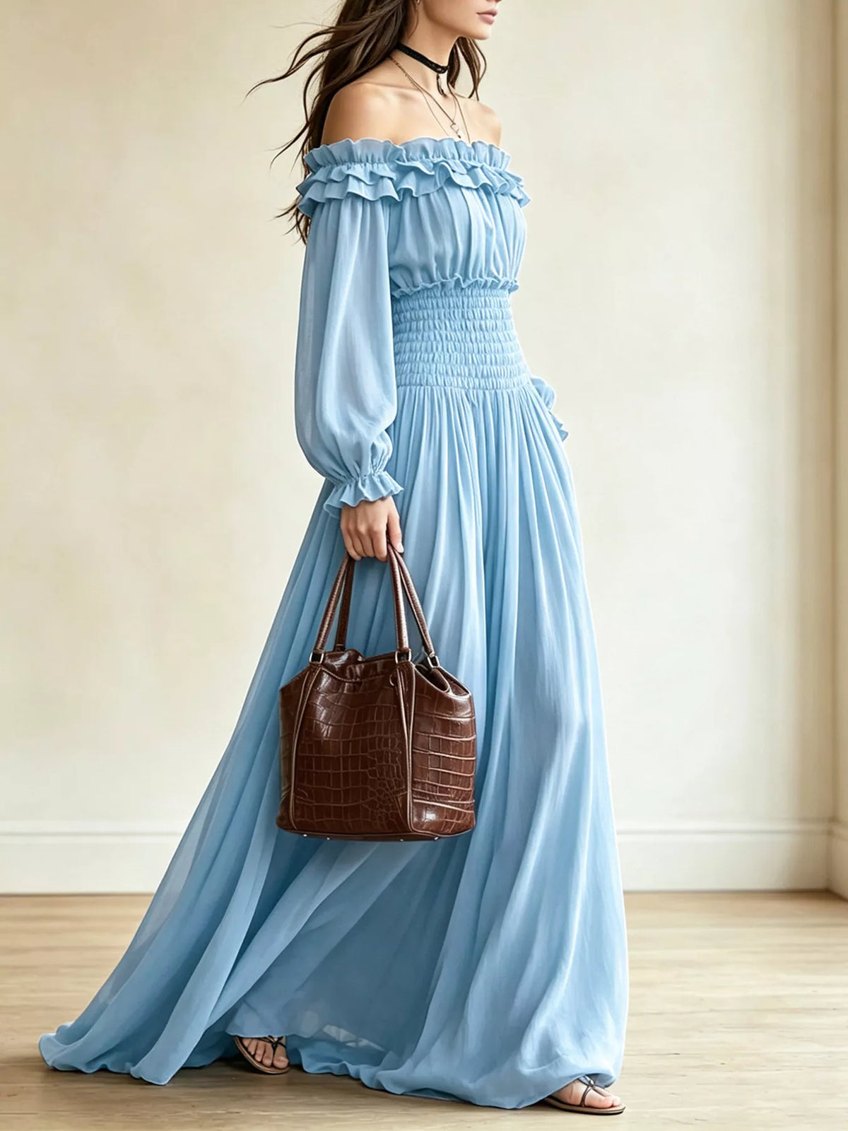 Full Size Off-Shoulder Ruffled Smocked Waist Maxi Dress with Pockets Plus Size - alternate view 12