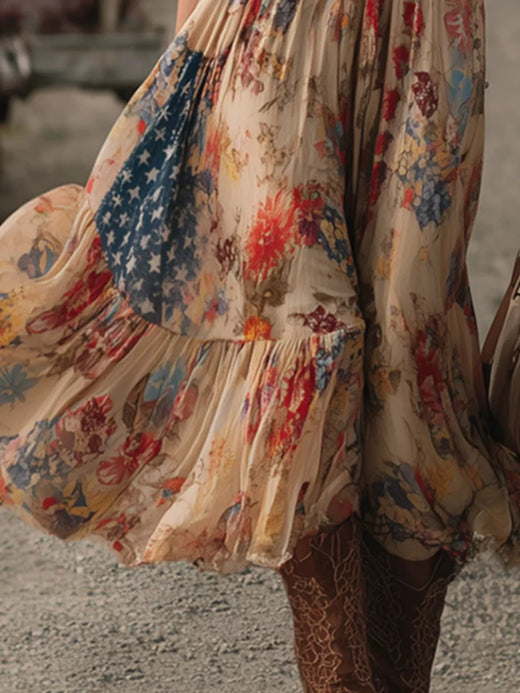 Floral Print V-Neck Midi Dress with Ruffled Hem - alternate view 3