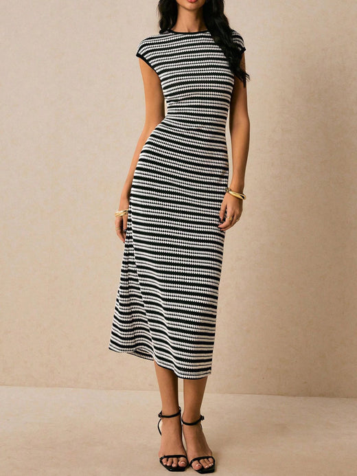 Striped Cap Sleeve Bodycon Midi Dress - alternate view 6