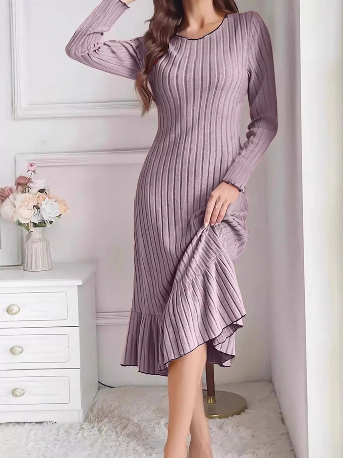 Full Size Ribbed Knit Ruffle Hem Bodycon Dress Plus Size - alternate view 6