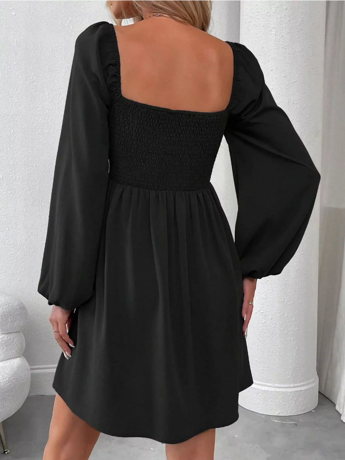 Ruched Square Neck Long Sleeve A-Line Dress - alternate view 12