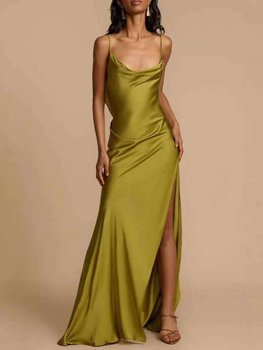 Satin Cowl Neck Slit Maxi Dress