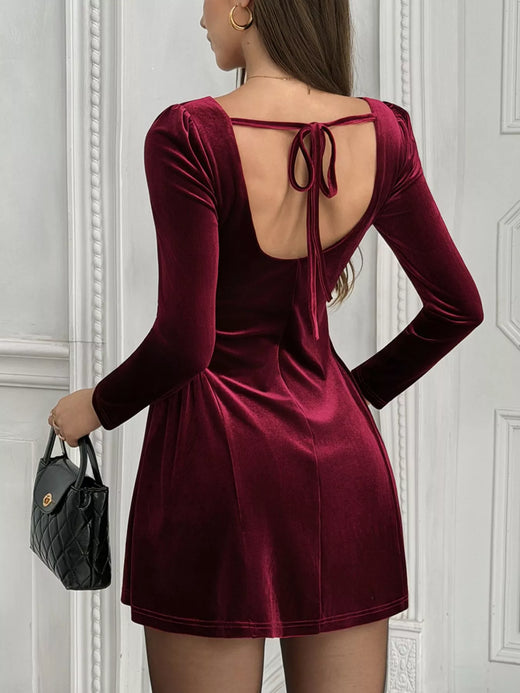 Elegant Velvet Square Neck Long Sleeve Mini Dress - alternate view 5