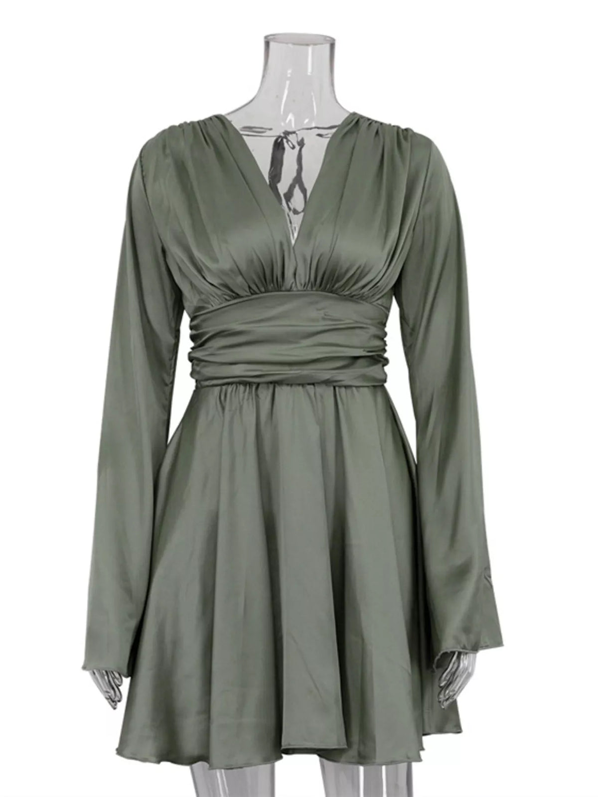 V-Neck Satin Mini Dress with Flowy Sleeves - alternate view 4