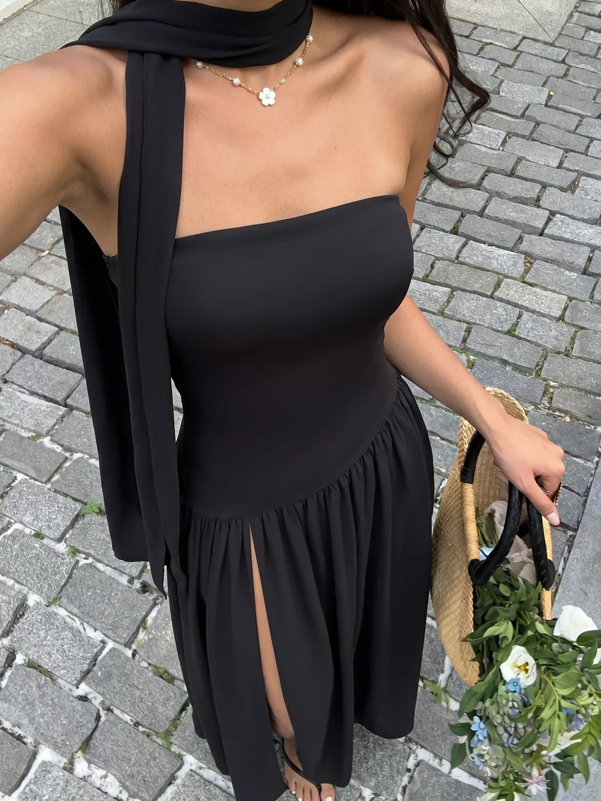 Slit Tube Maxi Dress with Scarf - alternate view 2