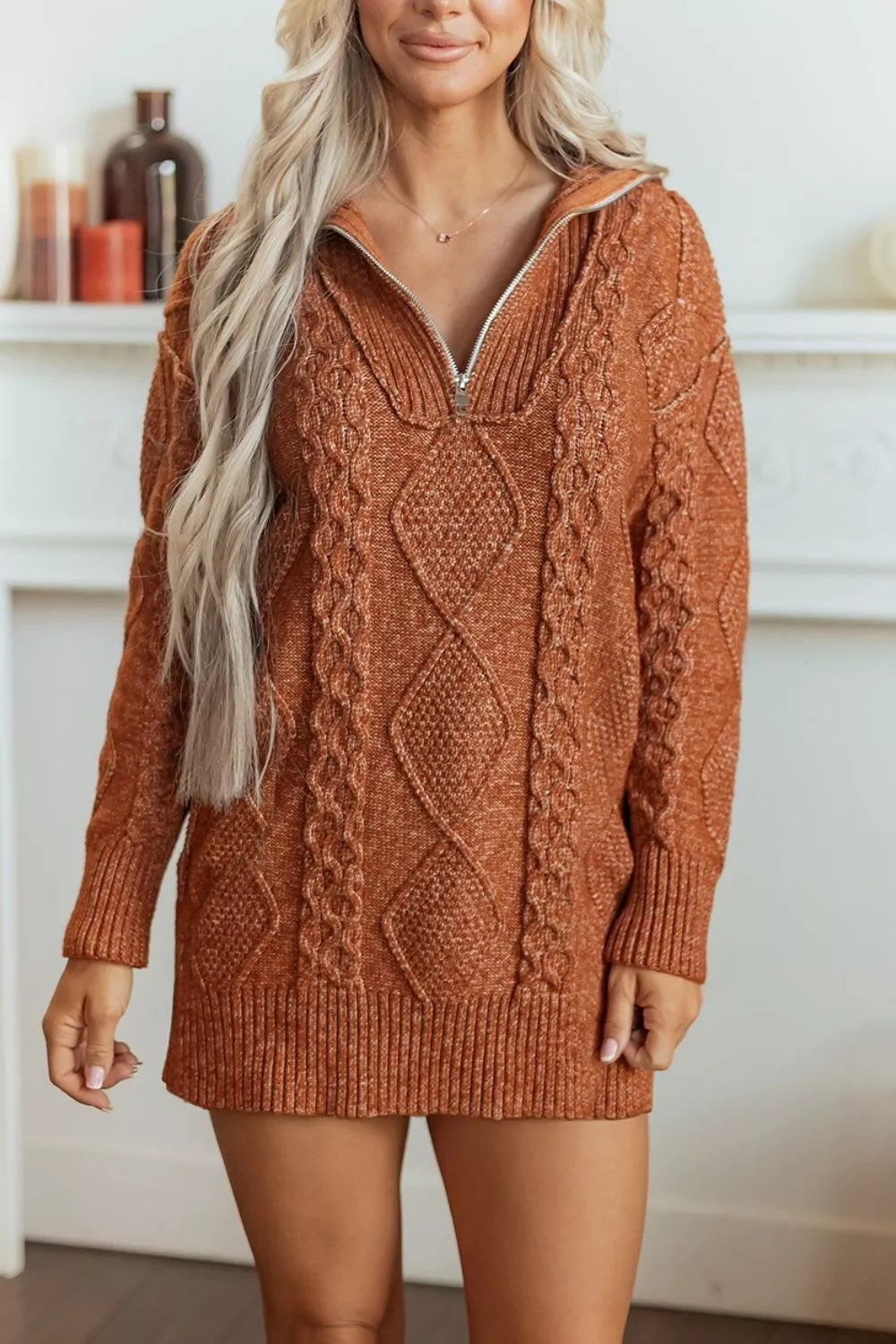 Zip-Up Cable Knit Drop Shoulder Sweater Dress - alternate view 1