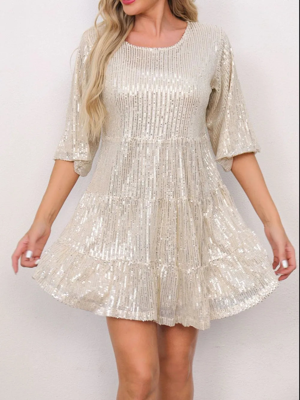 Sequin Round Neck Half Sleeve Mini Dress - alternate view 6