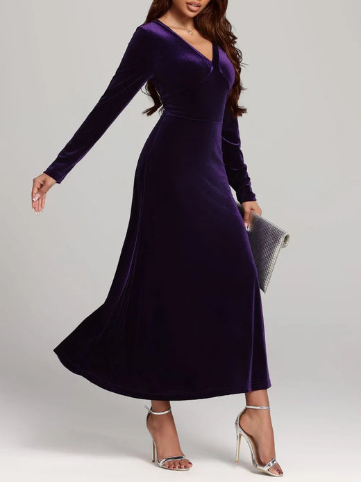 V-Neck Long Sleeve Velvet Dress - alternate view 4