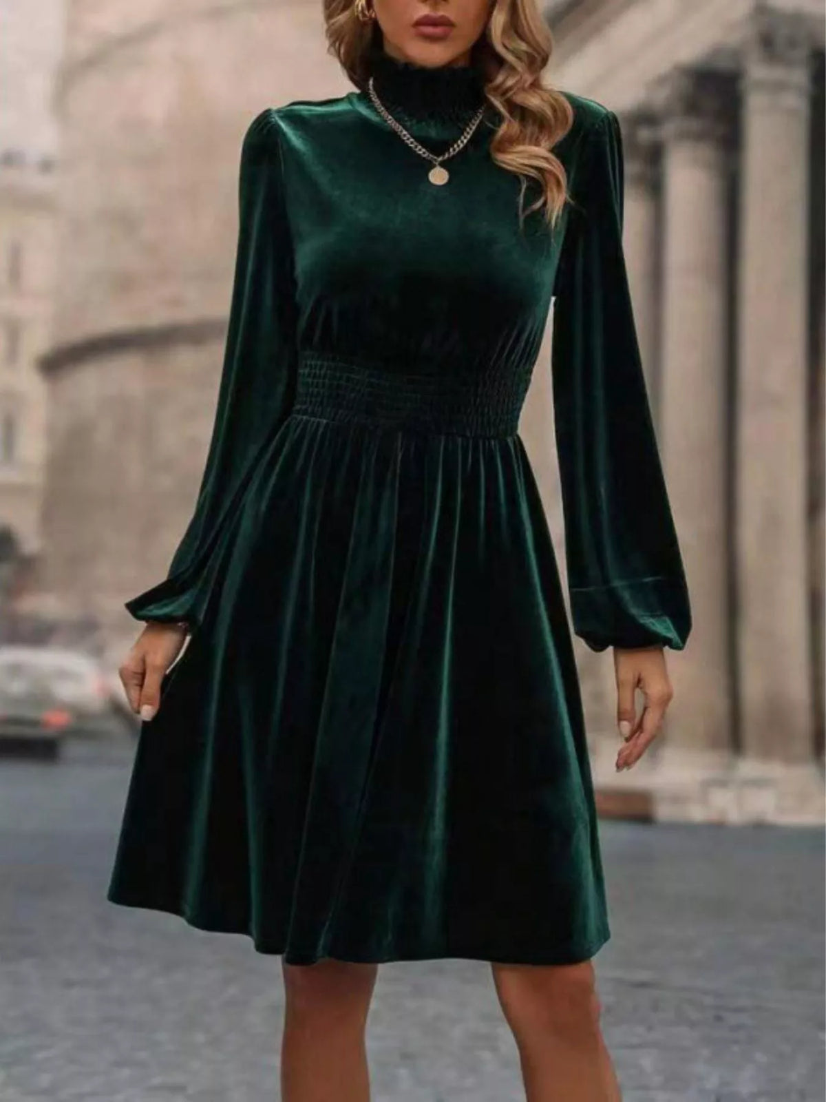Velvet High Neck Long Sleeve A-Line Dress - alternate view 4