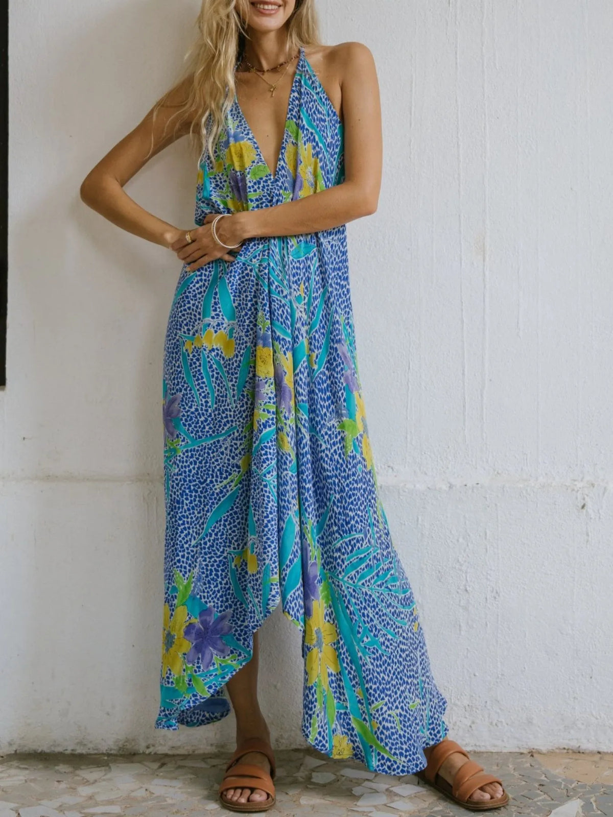 Asymmetrical Hem Printed Halter Neck Dress - alternate view 8