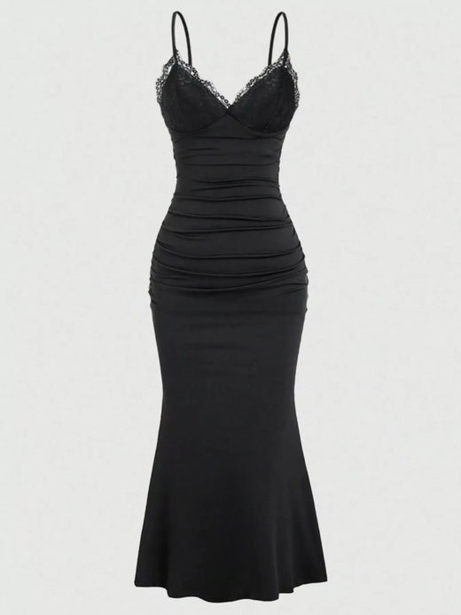 Lace Trim Ruched Mermaid Dress - alternate view 6