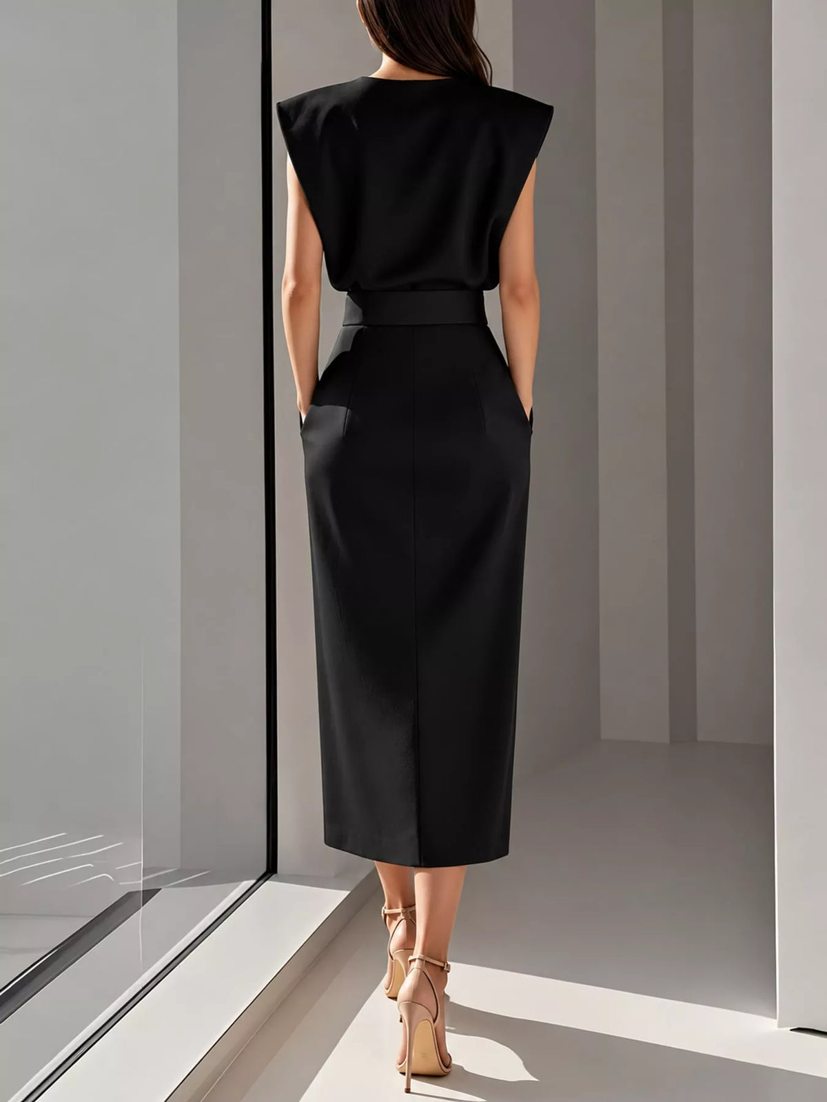Sleeveless Midi Dress with Gold Button Detail and Side Slit - alternate view 3