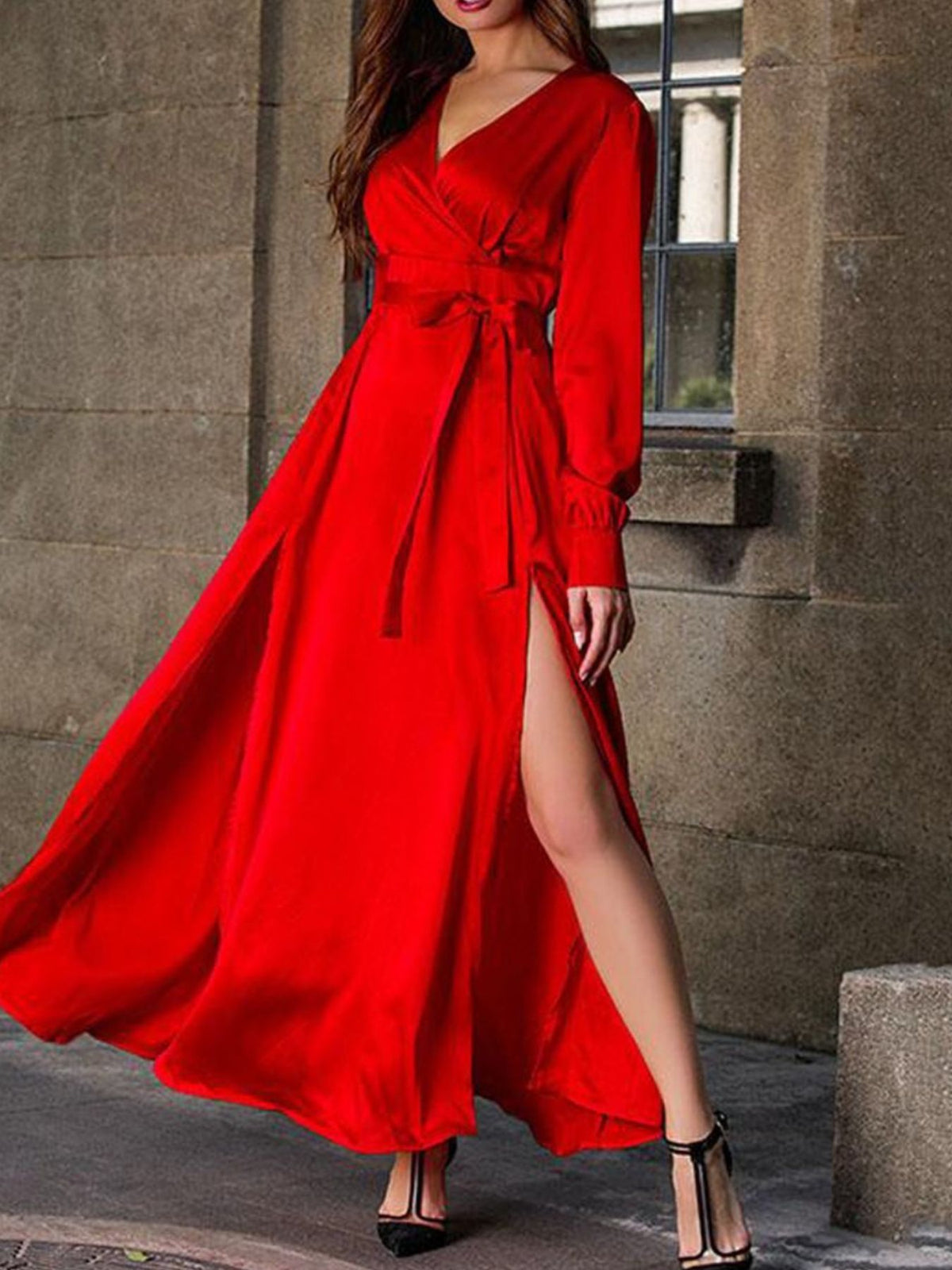 Plus Size Surplice Long Sleeve Slit Maxi Dress - alternate view 5