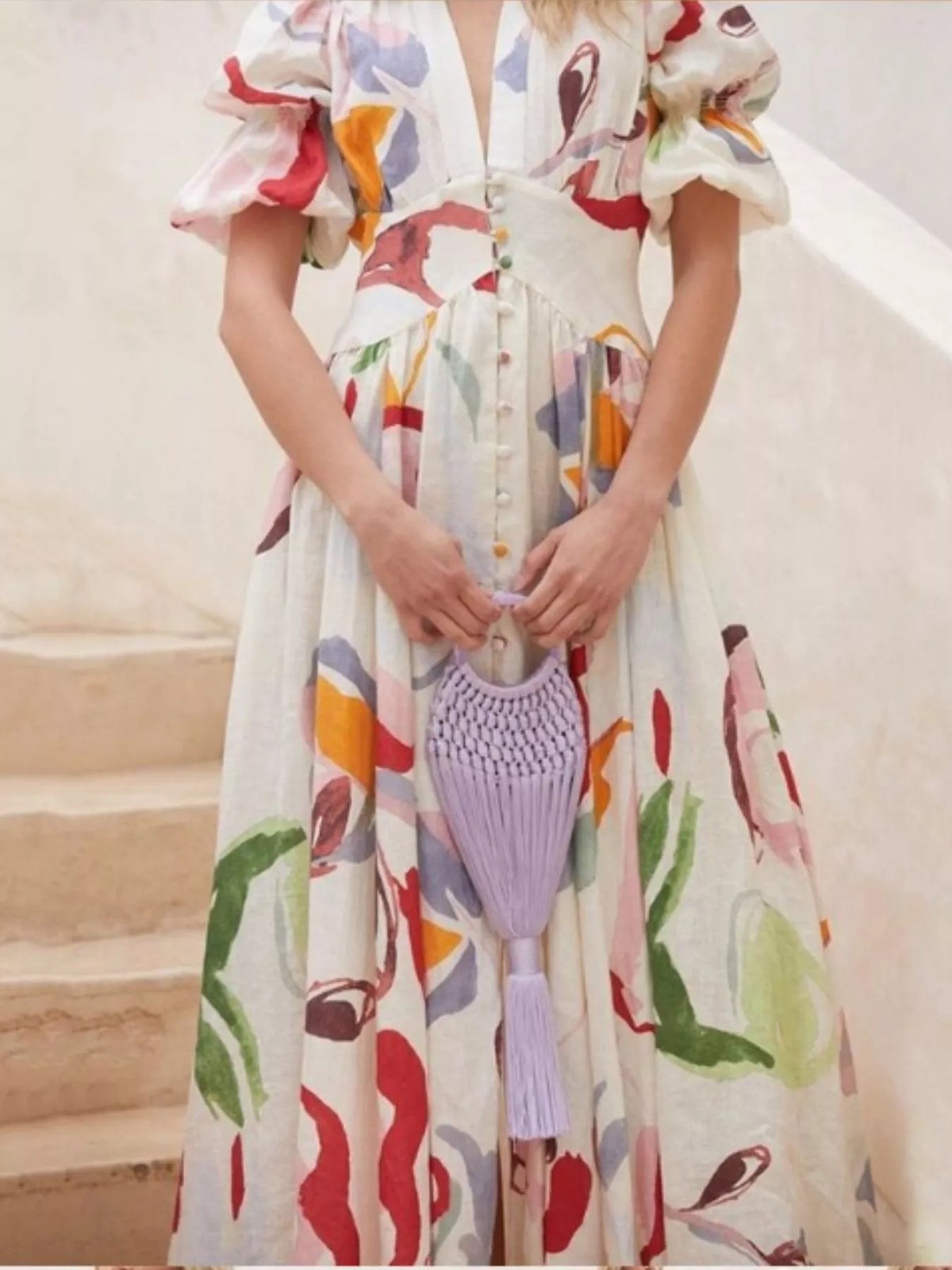 Puff Sleeve Midi Print Dress - alternate view 3