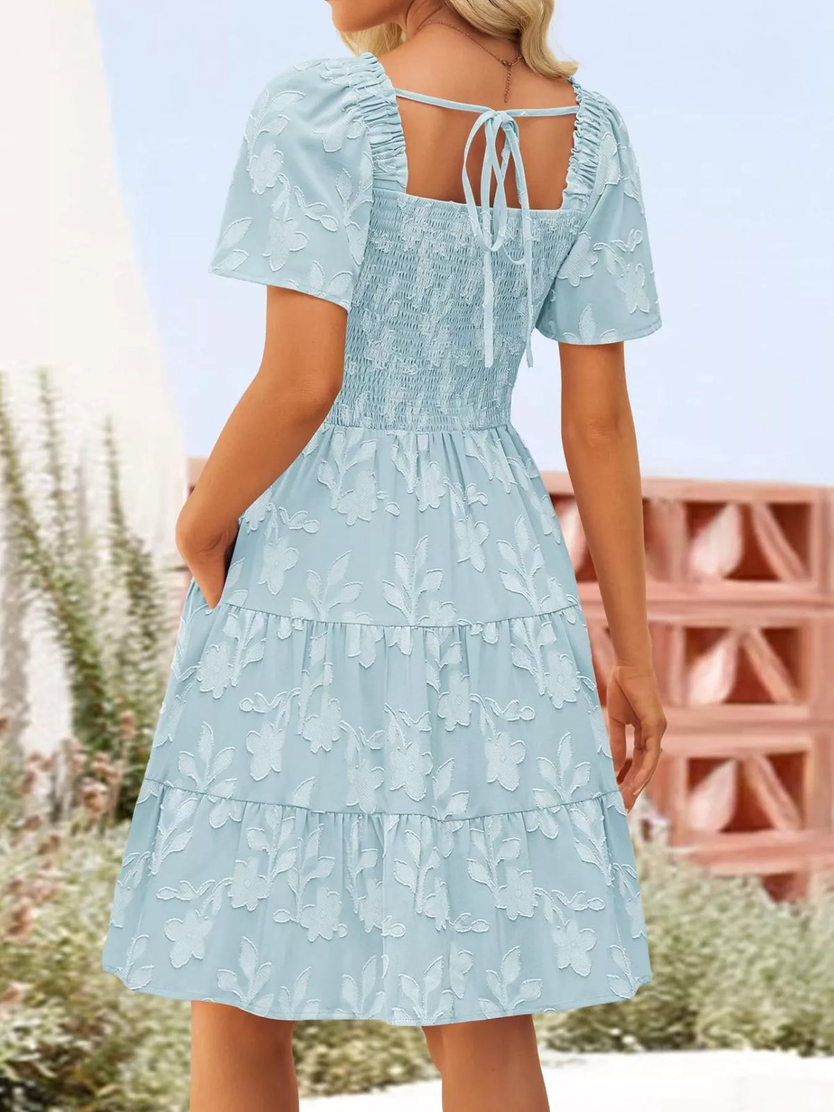 Smocked Square Neck Tiered Mini Dress - alternate view 5