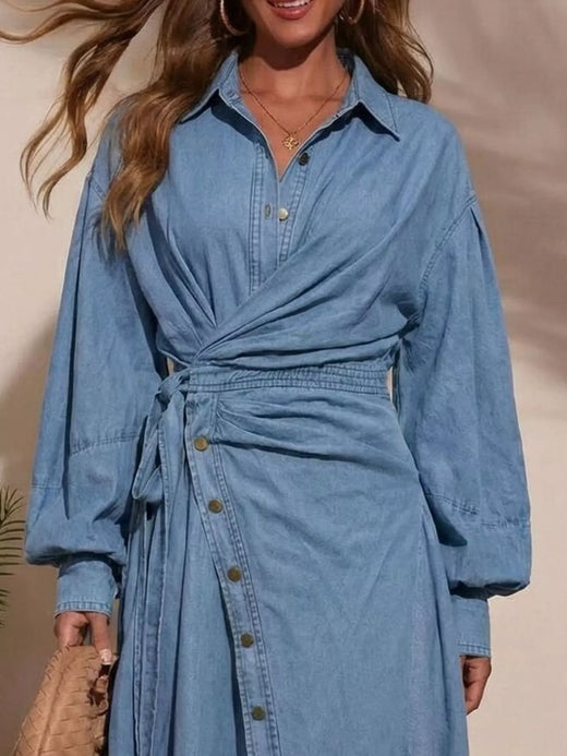 Long Sleeve Wrap-Front Denim Dress - alternate view 2
