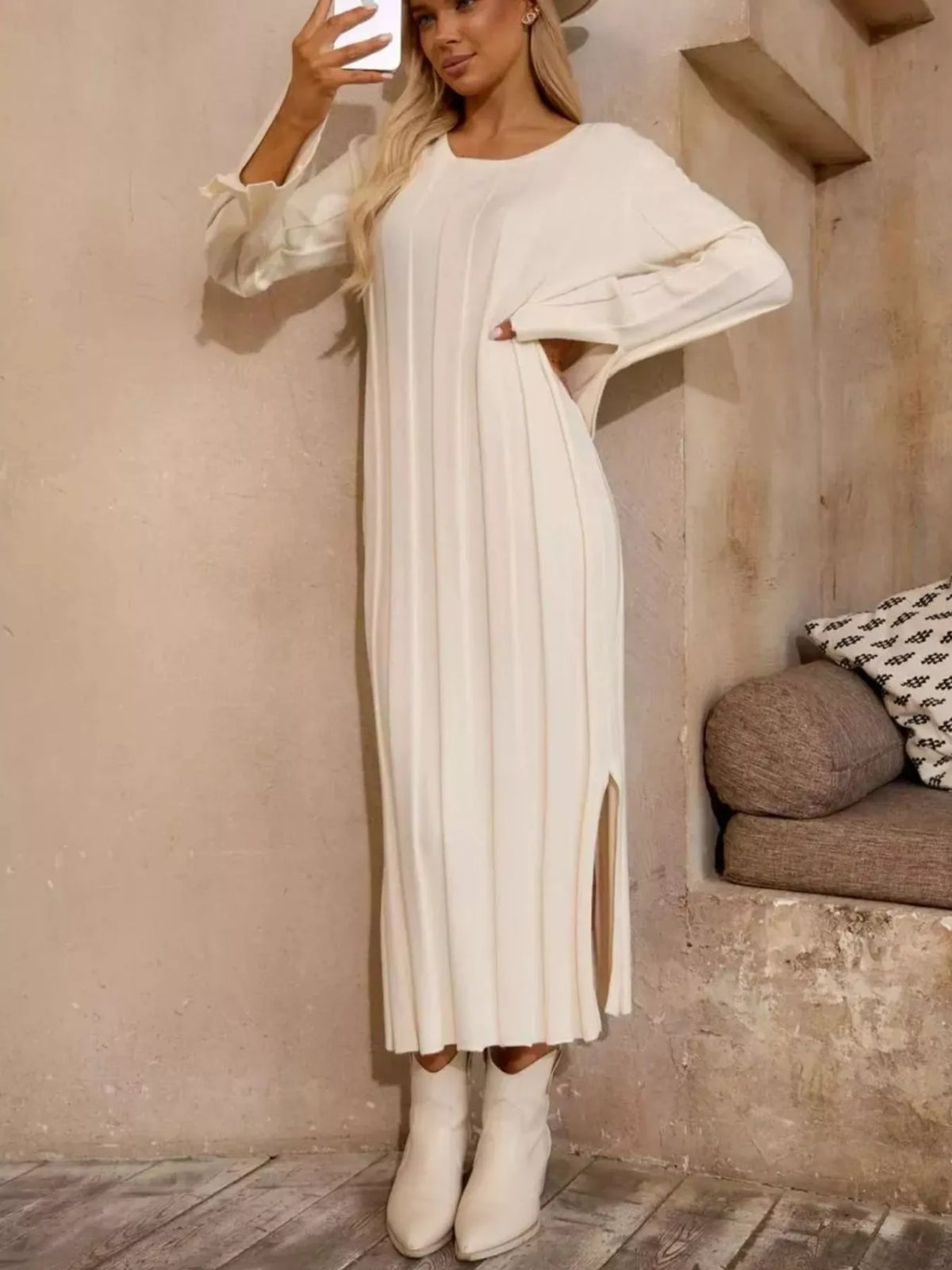 Ribbed Knit Slit Sweater Dress - alternate view 2