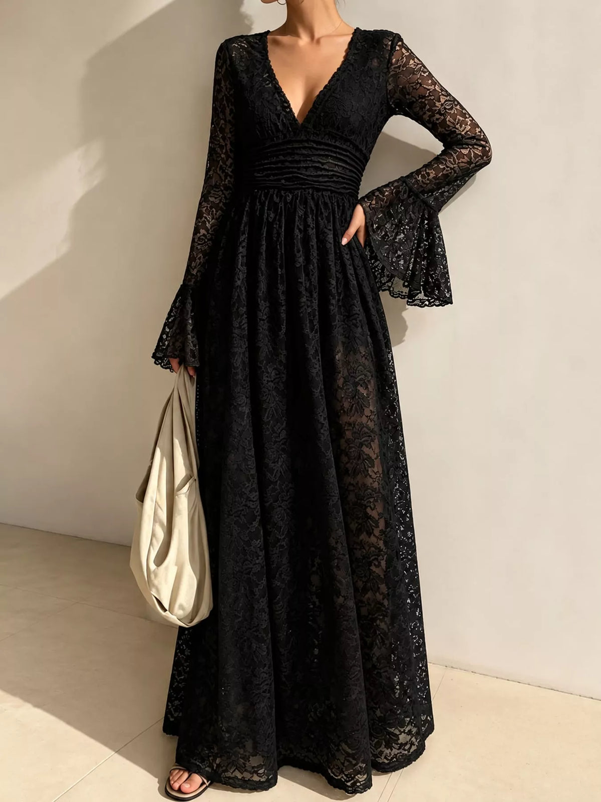 V-Neck Lace Flare Sleeve Maxi Dress - alternate view 4