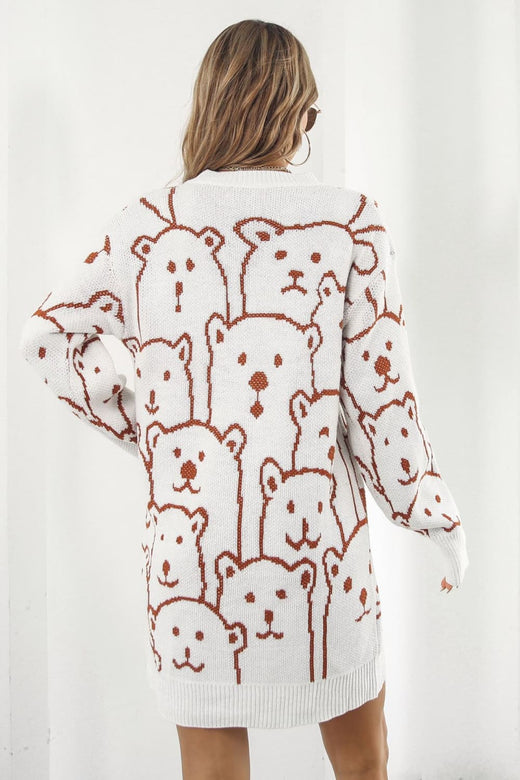 Bear Pattern Round Neck Sweater Dress - alternate view 4