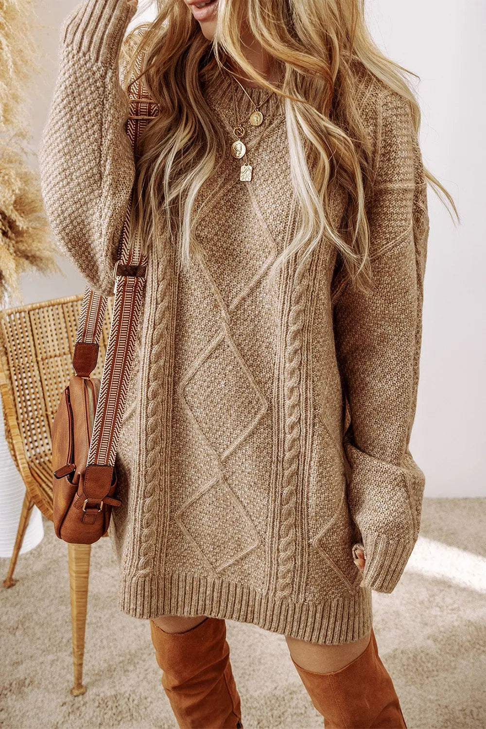 Cable-Knit Round Neck Sweater Dress - alternate view 14
