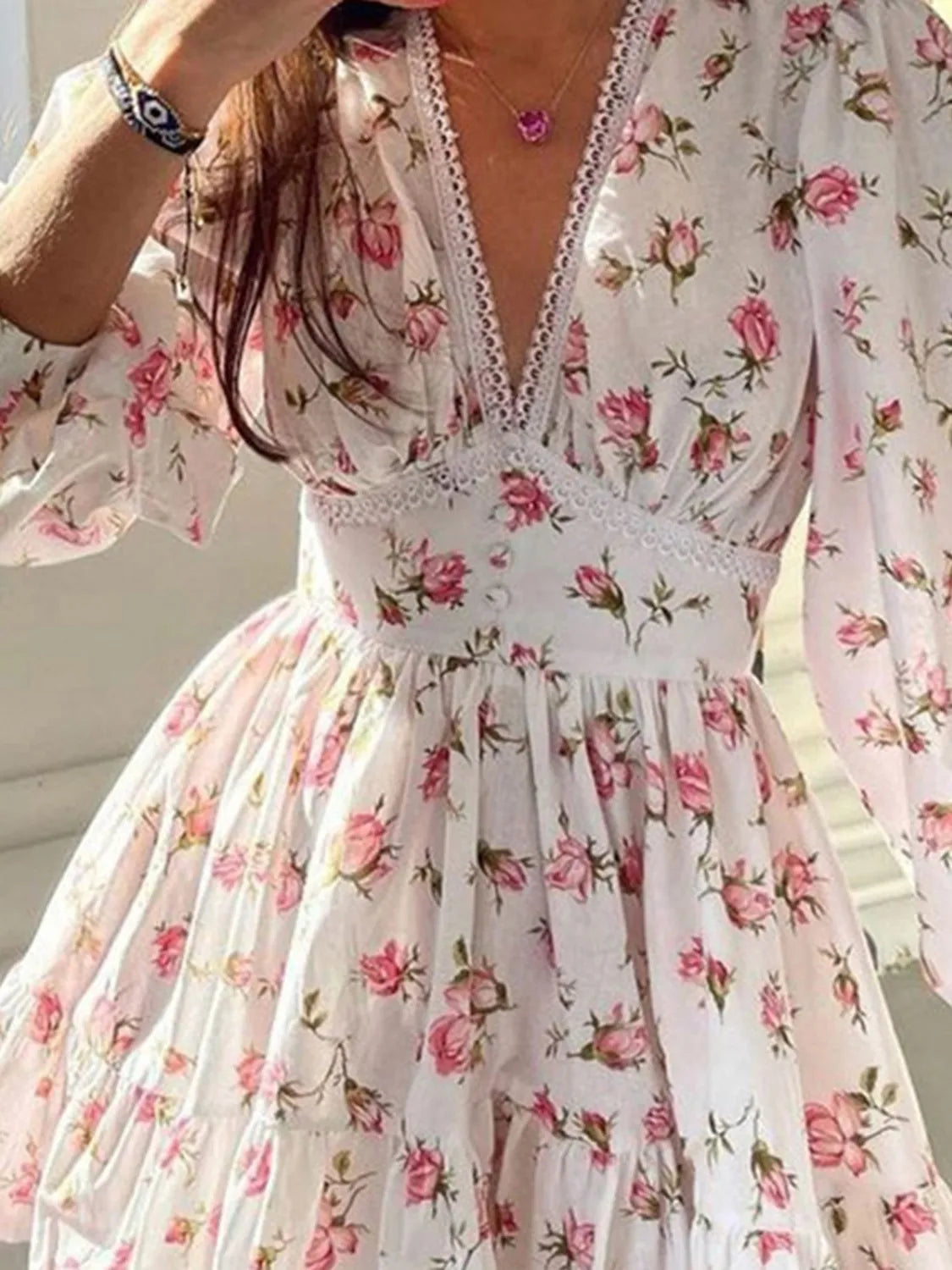 Lace Detail V-Neck Balloon Sleeve Dress - alternate view 2