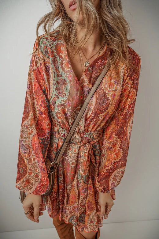 Tied Printed Balloon Sleeve Mini Dress - alternate view 3