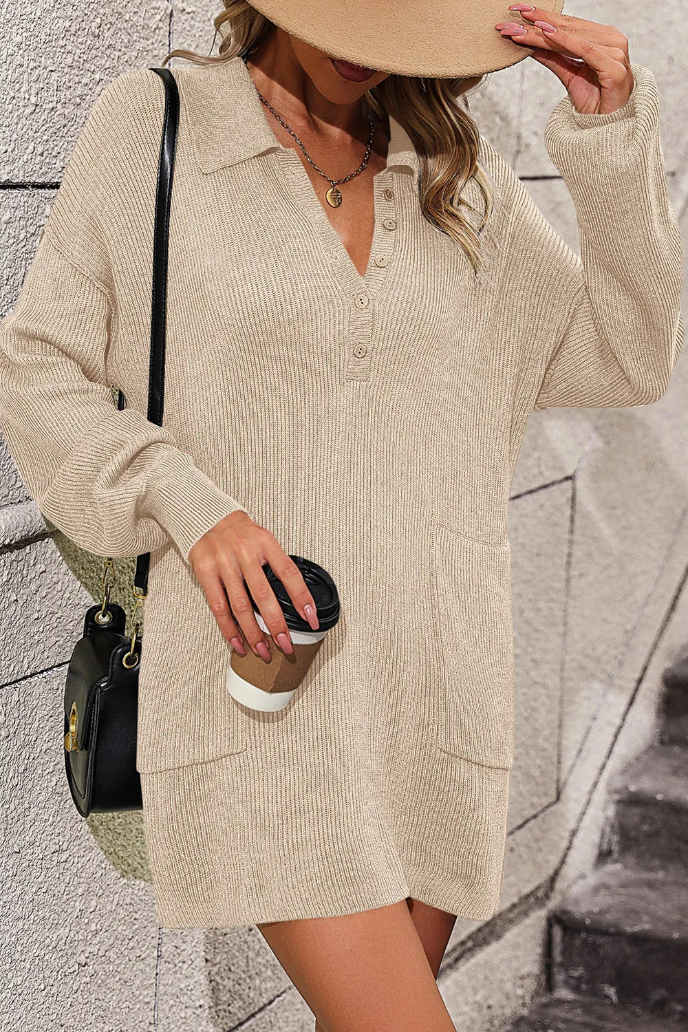 Collared Neck Long Sleeve Sweater Dress with Pockets - alternate view 8