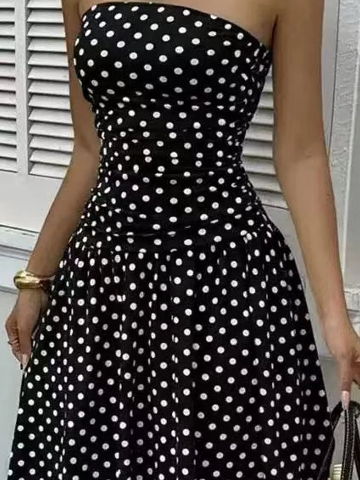 Strapless Polka Dot Ruched Maxi Dress - alternate view 12
