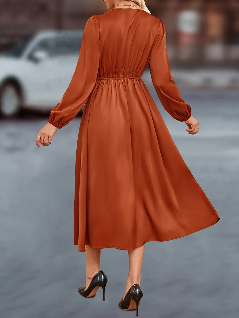 V-Neck Balloon Sleeve Midi Dress - alternate view 4