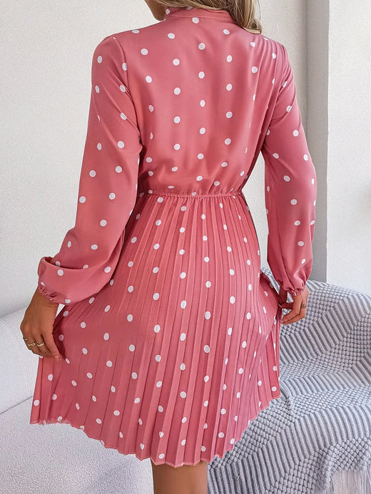 Polka Dot Tie Neck Pleated Dress - alternate view 2
