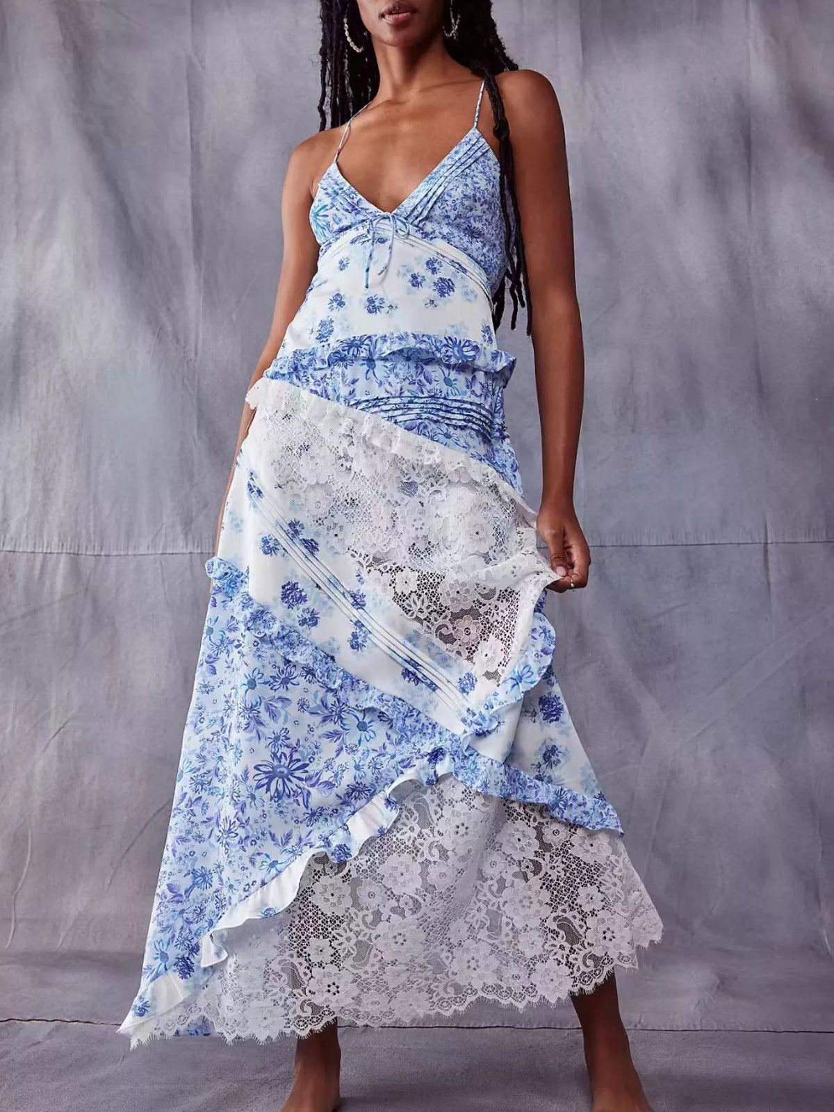 Lace Floral Print Ruffle Trim Maxi Dress - alternate view 4