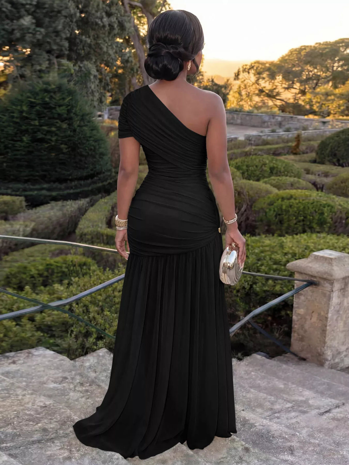 One-Shoulder Ruched High-Slit Evening Dress - alternate view 2