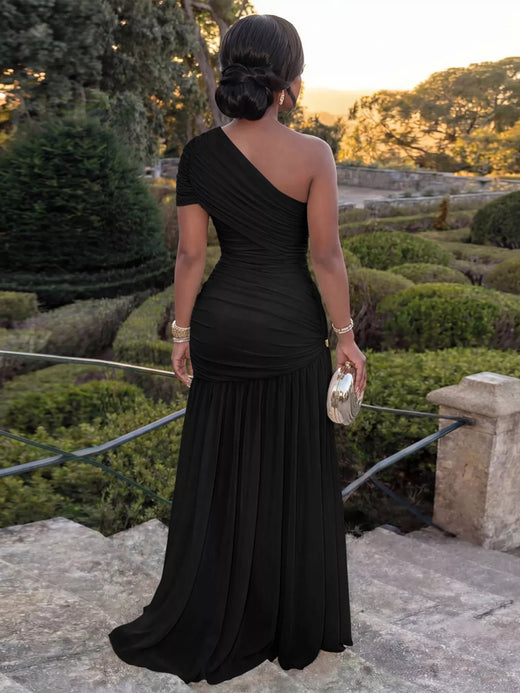 One-Shoulder Ruched High-Slit Evening Dress - alternate view 2