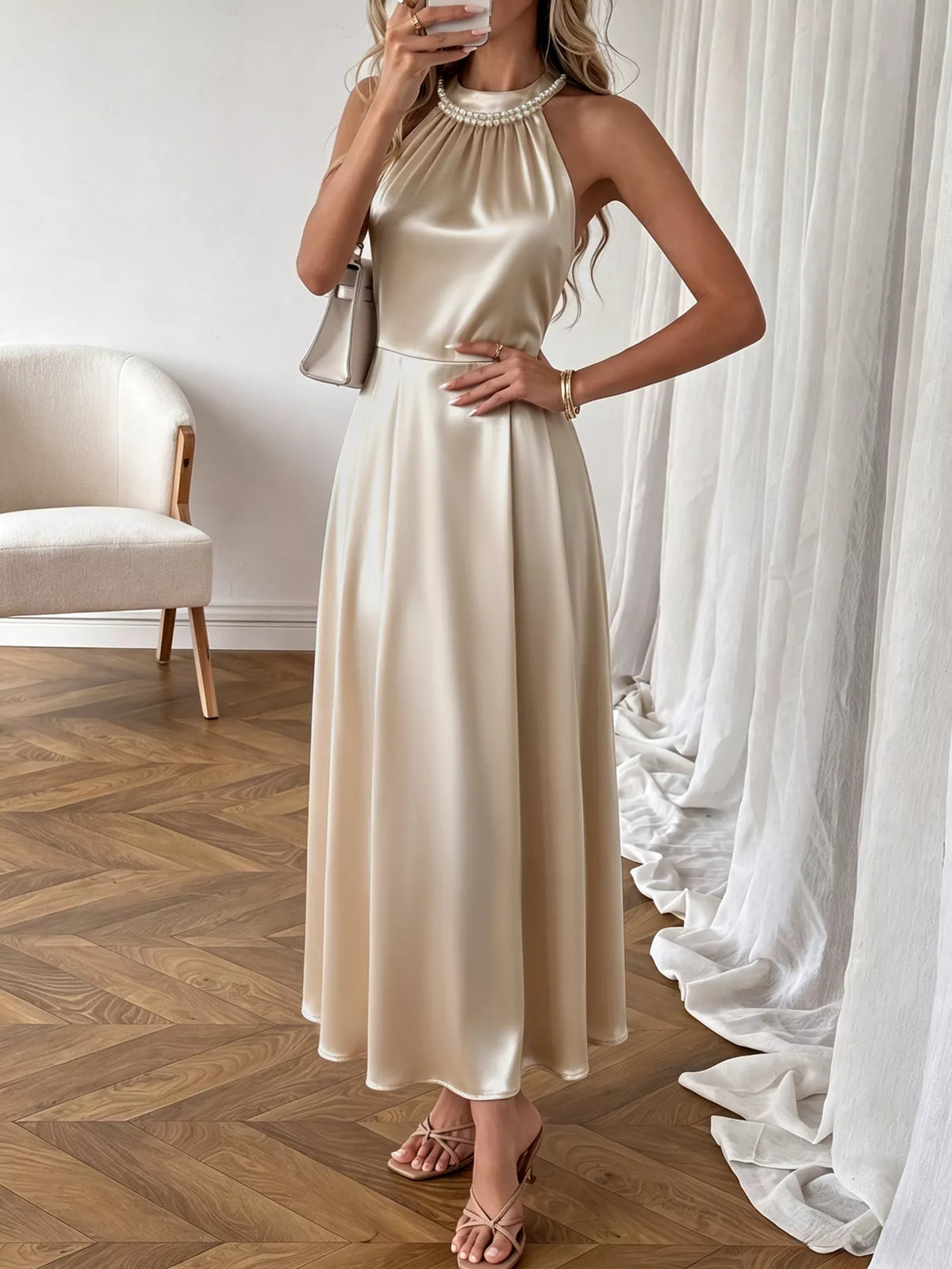 Pearl Halter Satin Midi Dress - alternate view 4