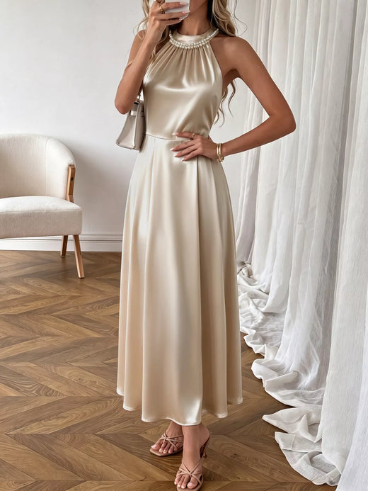 Pearl Halter Satin Midi Dress - alternate view 4