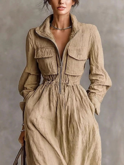 Zip-Front Long Sleeve Maxi Shirt Dress - alternate view 1