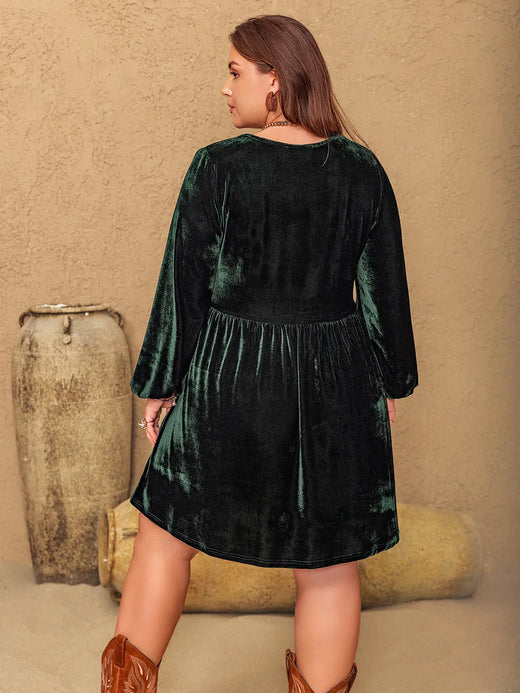 Embroidered V-Neck Long Sleeve Dress - alternate view 2