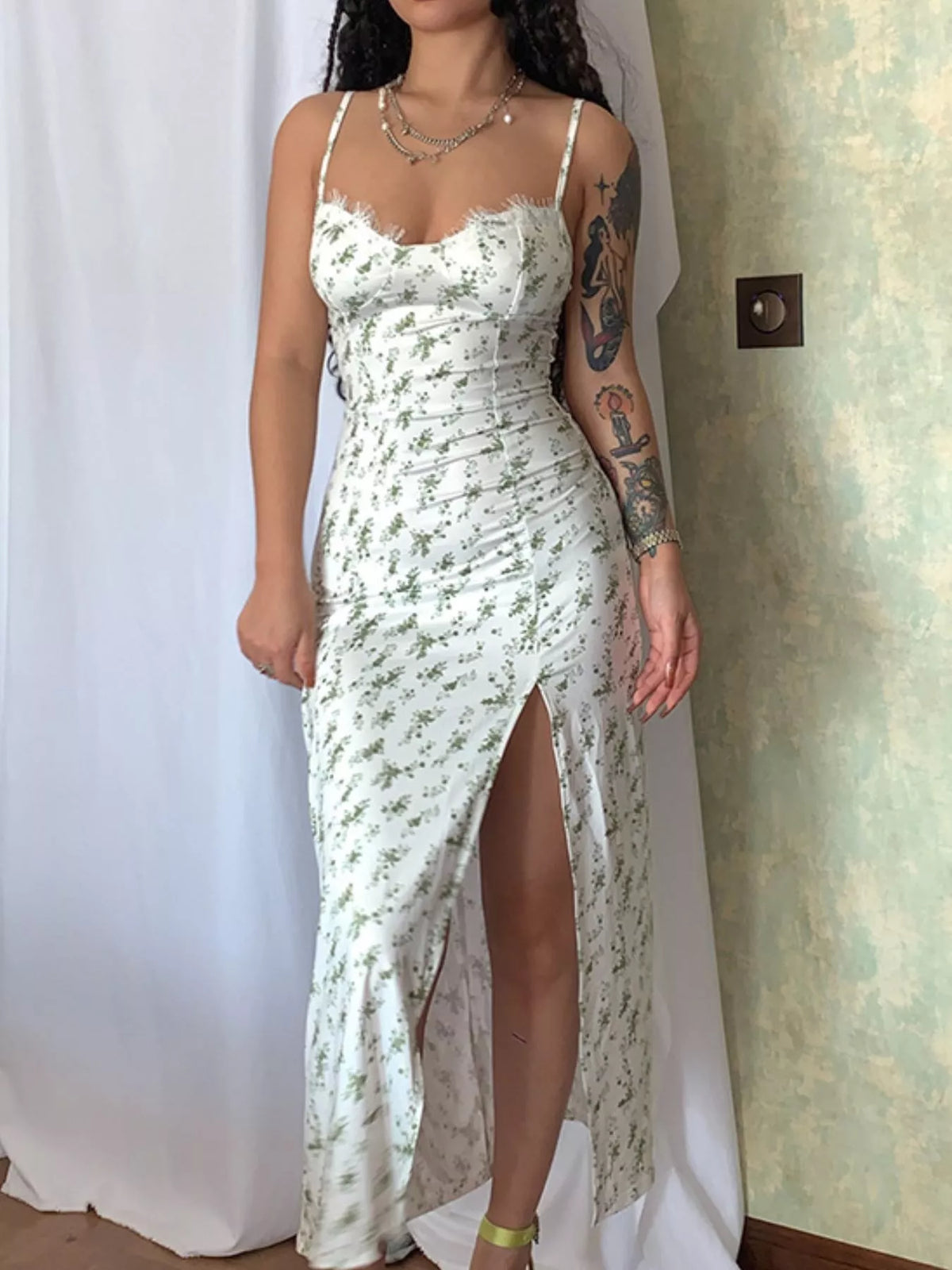 Floral Print Lace Trim Slit Midi Dress - alternate view 11