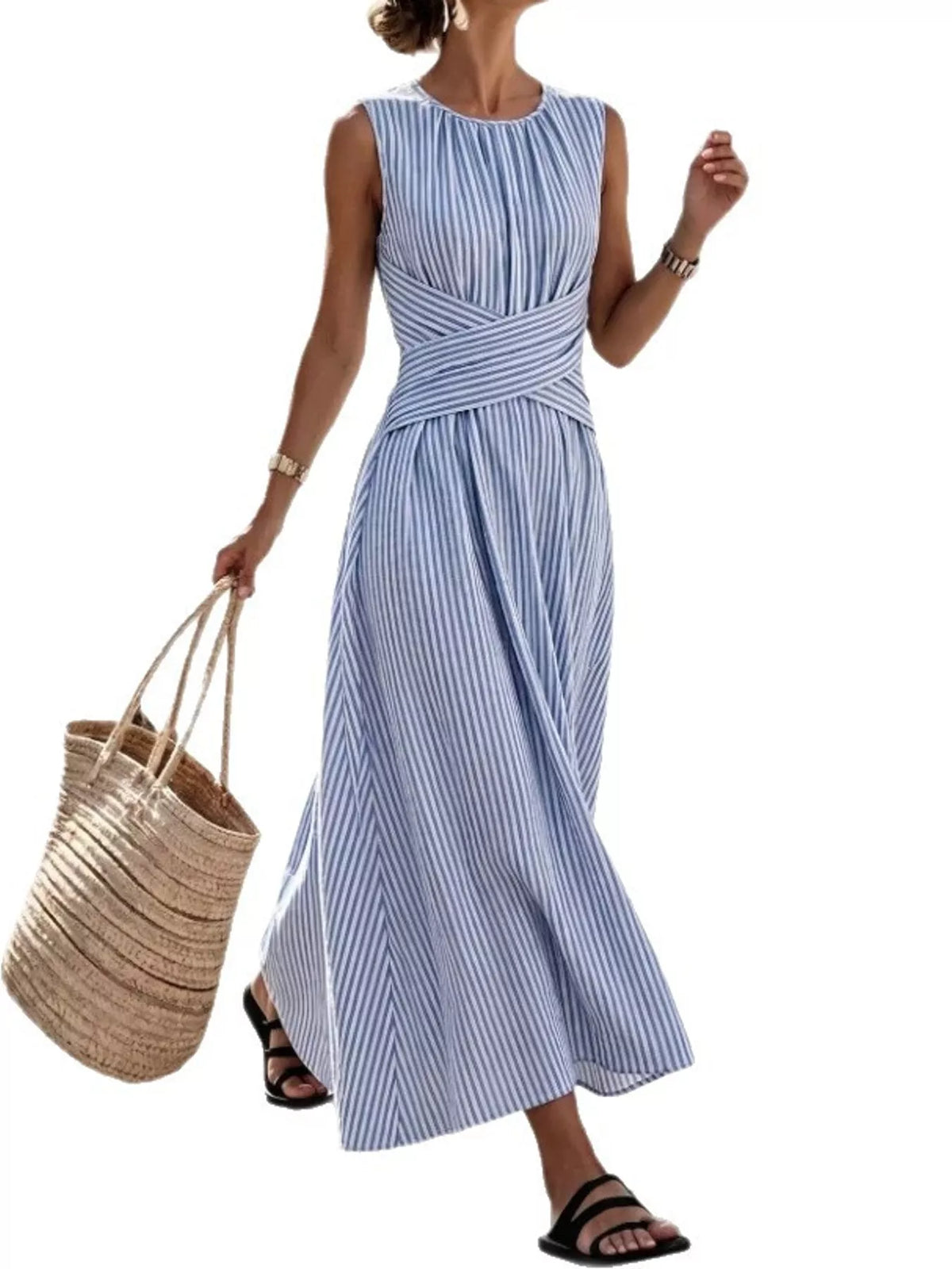 Full Size Sleeveless Striped Maxi Dress with Criss-Cross Waist Detail Plus Size