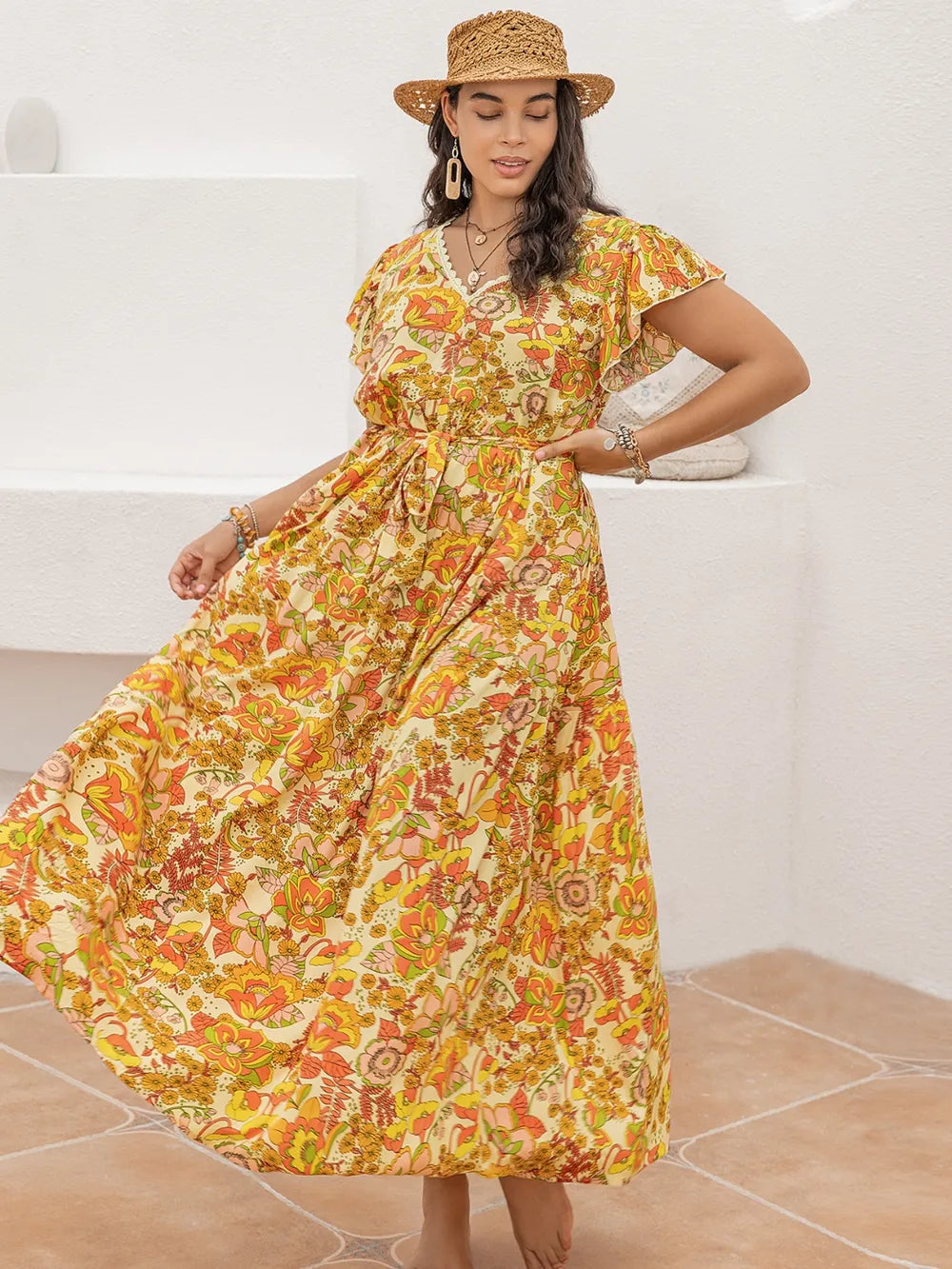 Printed V-Neck Flutter Sleeve Tie Waist Maxi Dress - alternate view 2