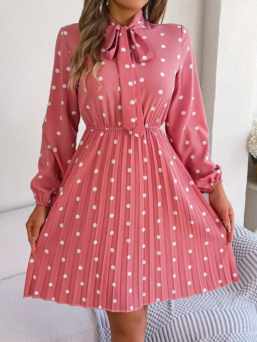 Polka Dot Tie Neck Pleated Dress - alternate view 3
