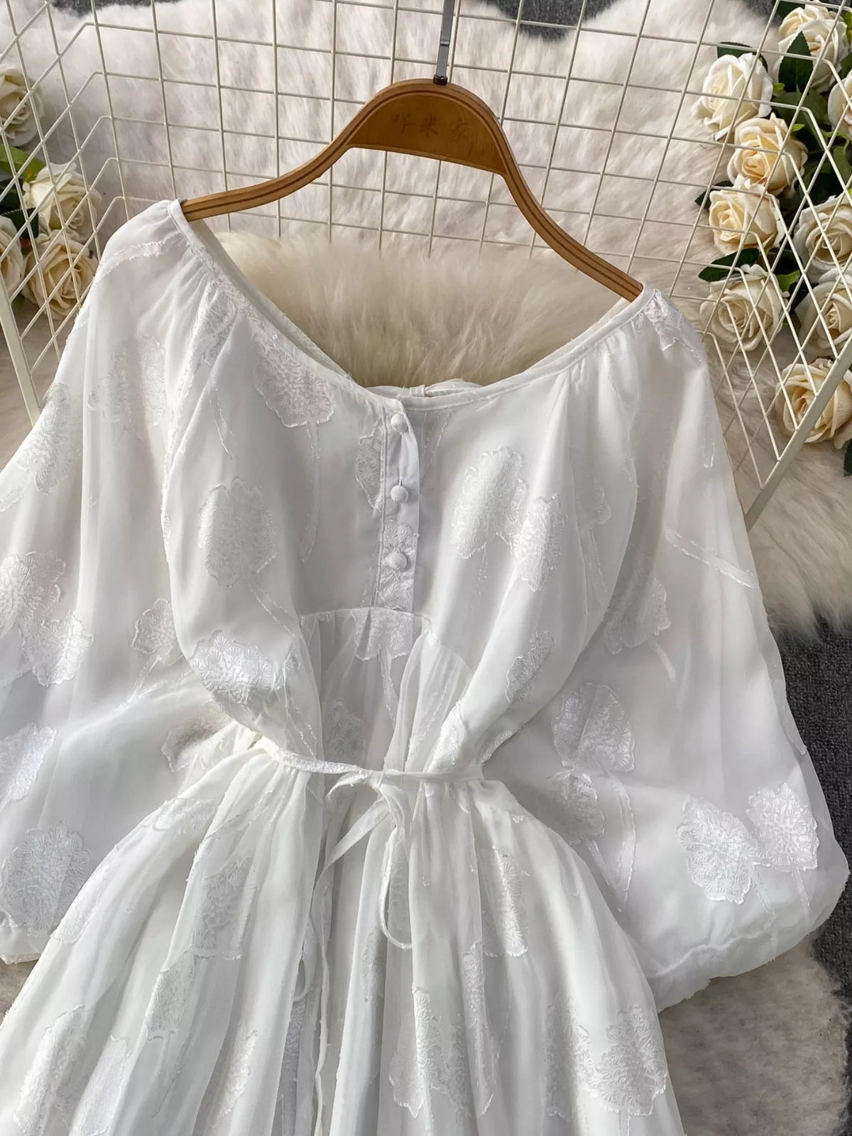 Button Front Puff Sleeve Chiffon Dress - alternate view 13