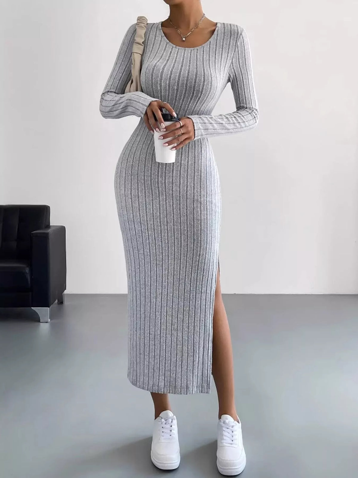 Side Slit Ribbed Knit Dress - alternate view 7