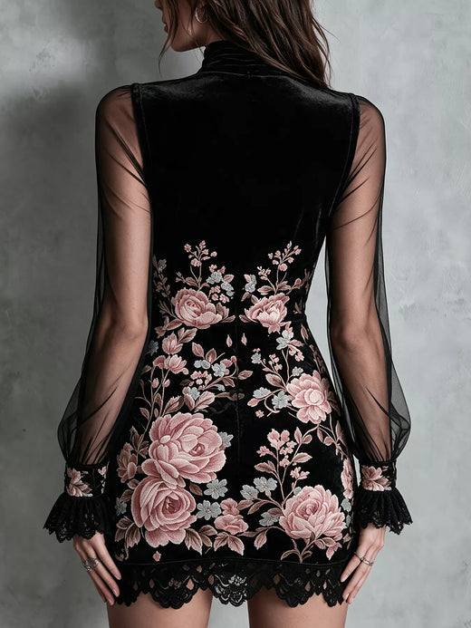 Floral Velvet Mini Dress with Sheer Mesh Sleeves - alternate view 3