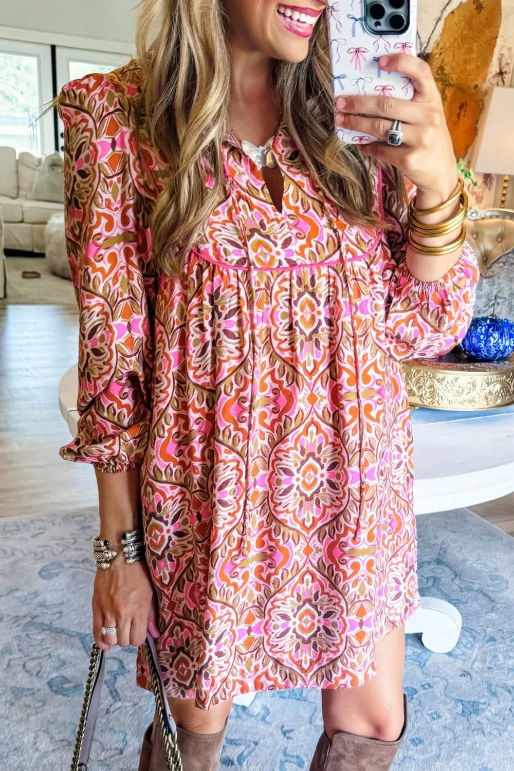 Printed Tie Neck Long Sleeve Mini Dress - alternate view 3