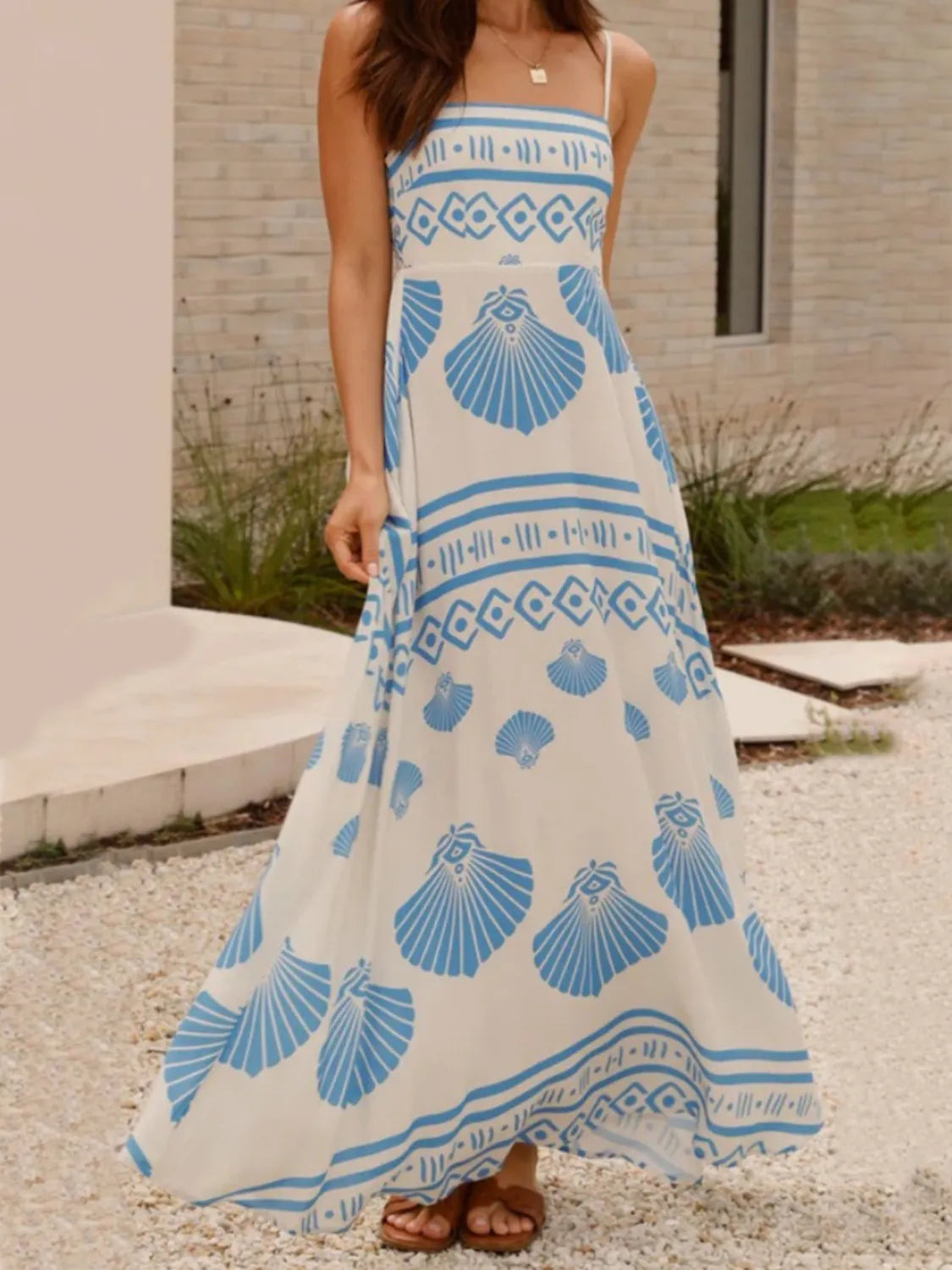 Seashell Print Spaghetti Strap Maxi Dress - alternate view 3