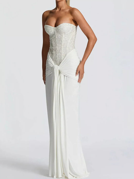 Elegant Strapless Sequin Corset Maxi Dress with Draped Waist Detail - alternate view 3