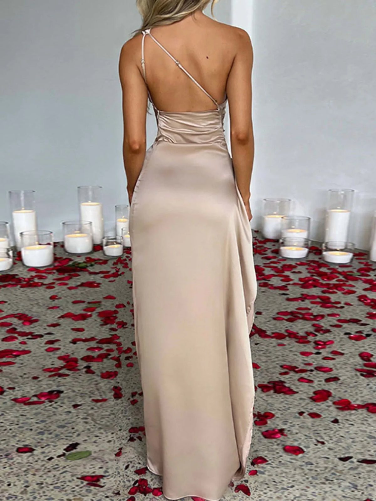 One Shoulder Satin Dress with High Slit - alternate view 2