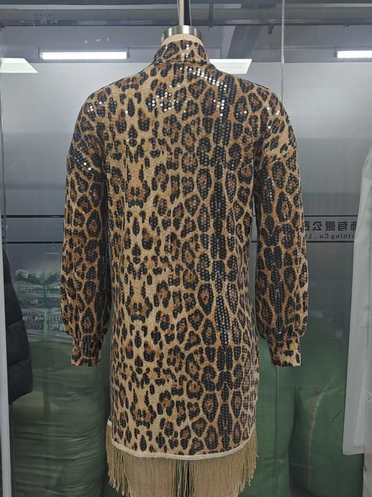 Full Size Leopard Sequin Mock Neck Fringe Hem Long Sleeve Mini Dress Plus Size - alternate view 5